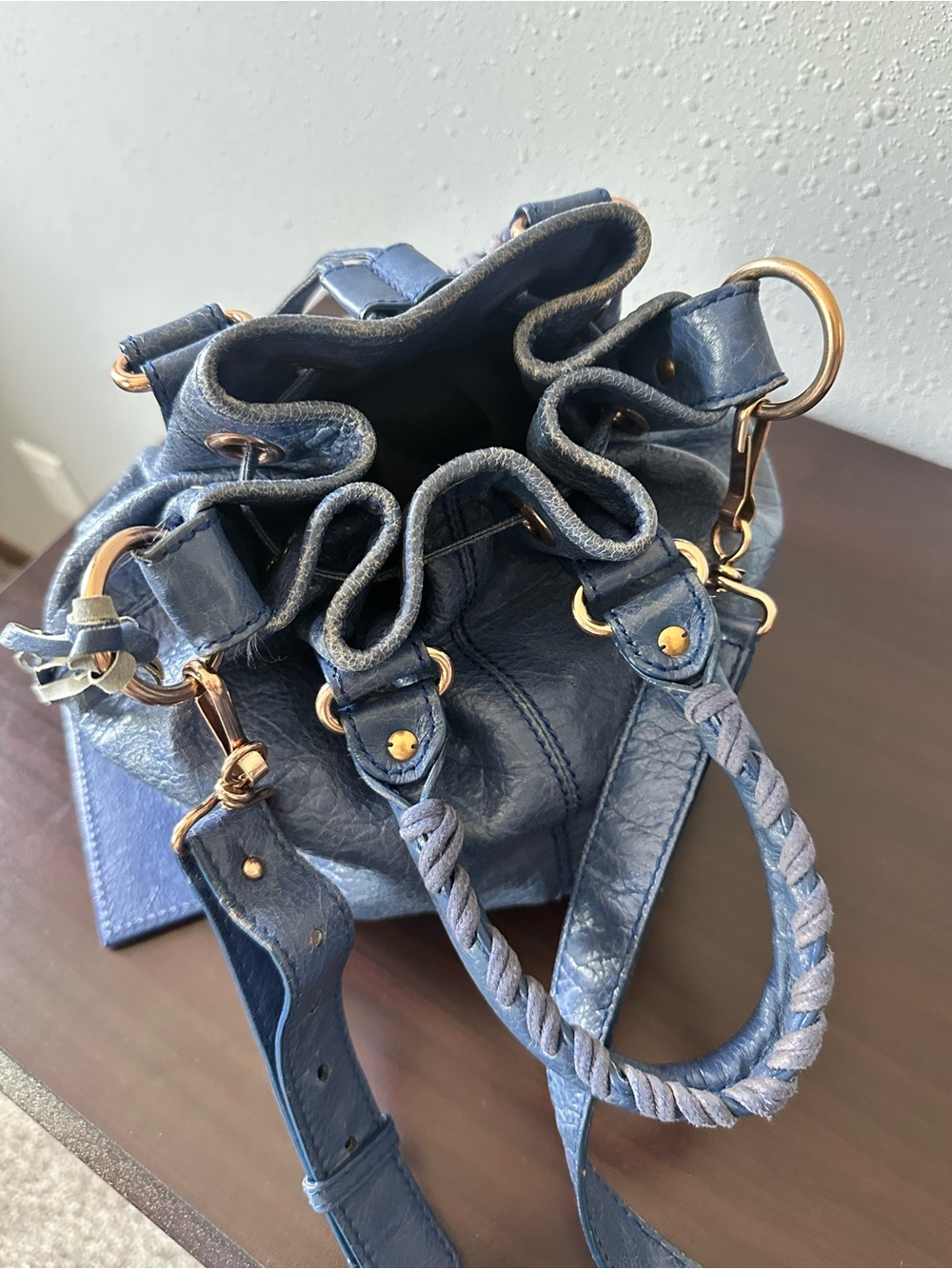 Balenciaga Distressed Blue Leather Drawstring Mini Bucket Bag - Picture 5 of 6